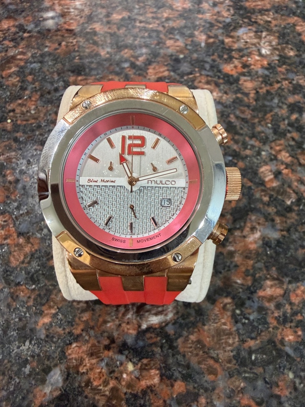 Mulco Coral and Rose-Gold Accent Chronograph Watch.